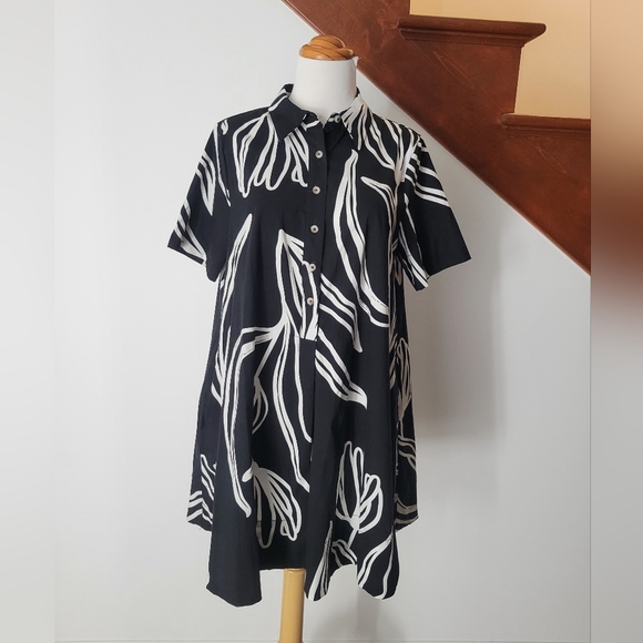 Rachel Zoe Dresses & Skirts - Black White Abstract Floral Print Short Sleeve Collared Button Down Shirt Dress
